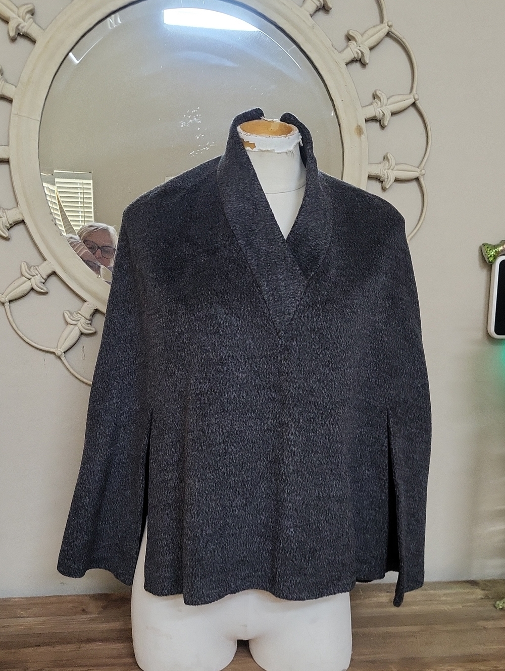 Tahari Charcoal Shawl-Collar Cape Coat